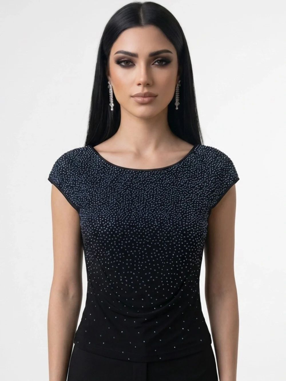 TADASHI | Black Embellished Cap-Sleeve Plunge Back Top Women’s Size Medium
